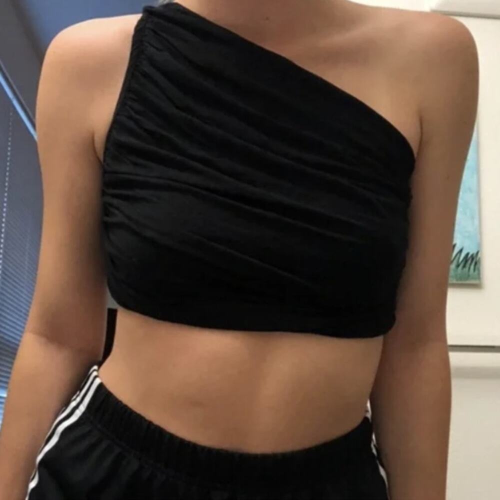 Free People Draped One Shoulder Crop Top Black Womens Size Large